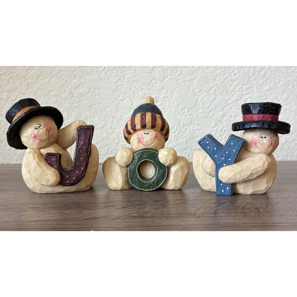Vintage Set Of 3 Snowmen Christmas Decorations JOY, missing noses
